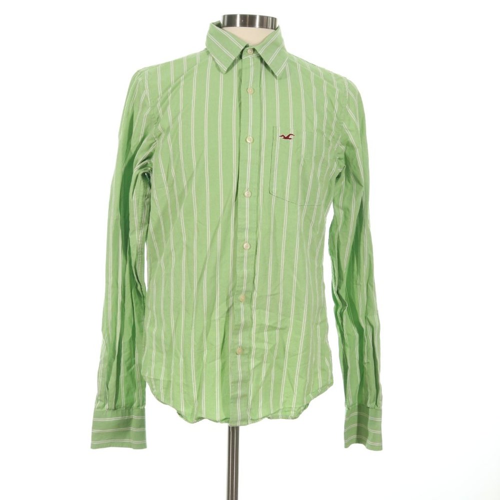 Hollister Men's Green Long Sleeve Striped Button Up Shirt